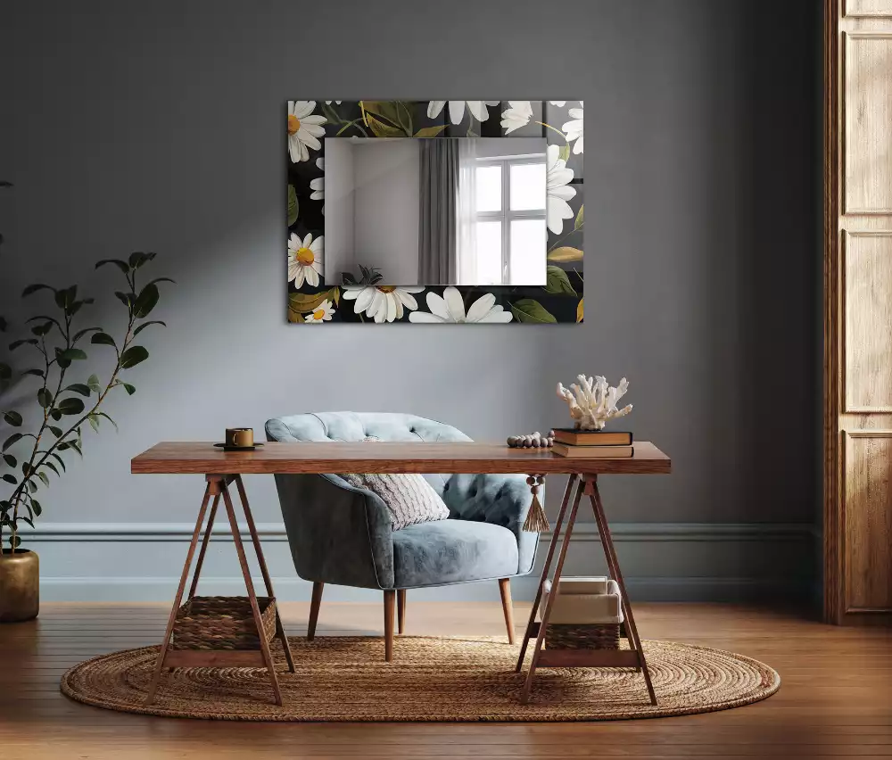 Miroir rectangulaire à cadre imprimé marguerites blanches avec feuilles