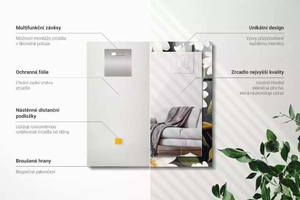 Miroir rectangulaire à cadre imprimé marguerites blanches avec feuilles