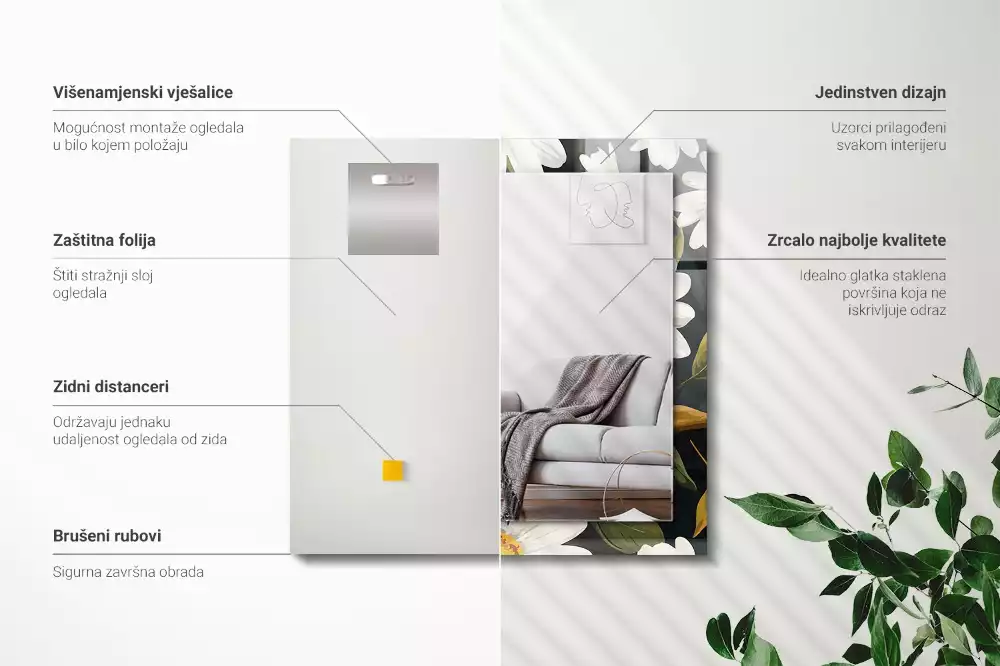 Miroir rectangulaire à cadre imprimé marguerites blanches avec feuilles