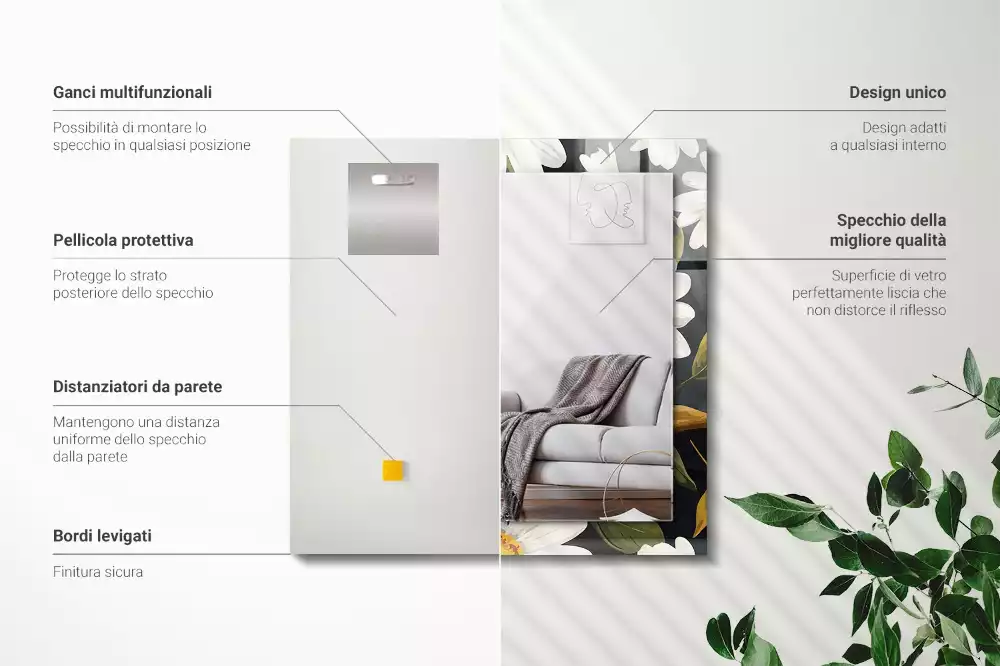 Miroir rectangulaire à cadre imprimé marguerites blanches avec feuilles
