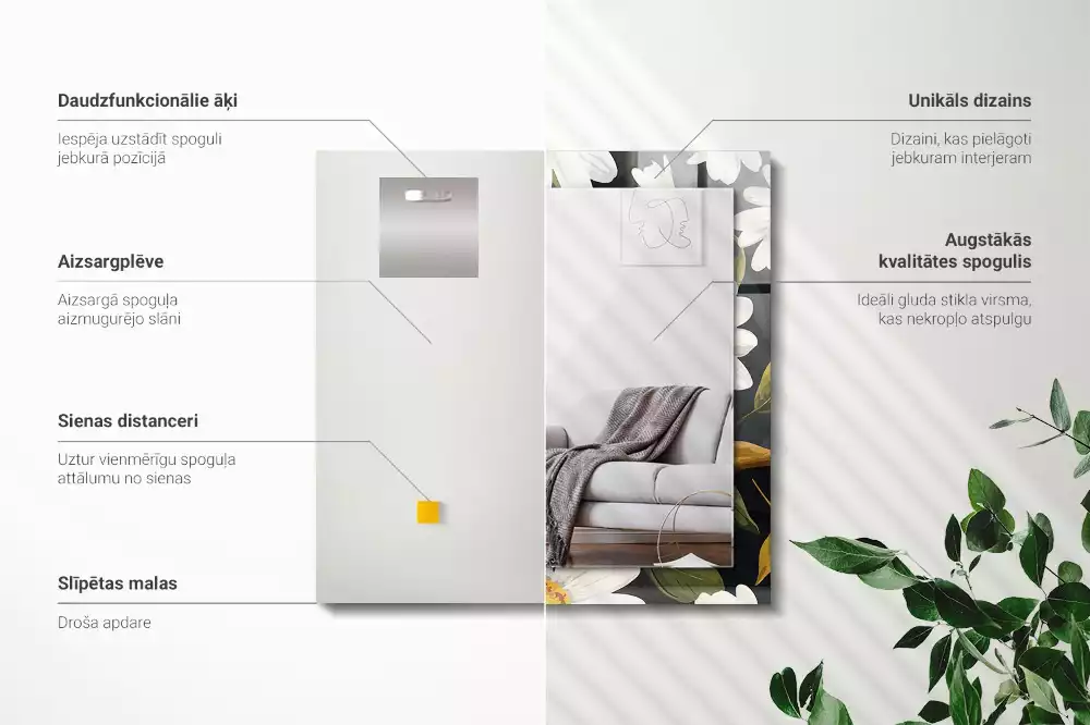 Miroir rectangulaire à cadre imprimé marguerites blanches avec feuilles