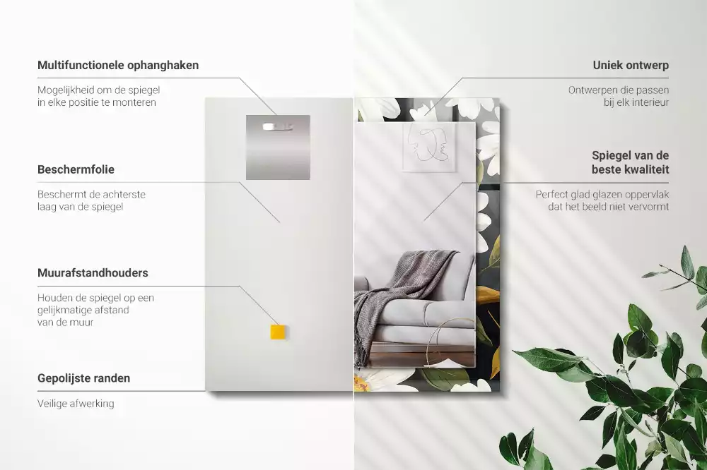 Miroir rectangulaire à cadre imprimé marguerites blanches avec feuilles