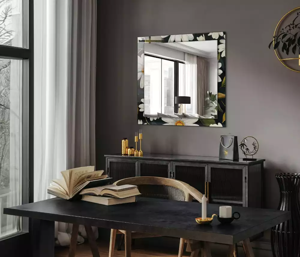 Miroir rectangulaire à cadre imprimé marguerites blanches avec feuilles