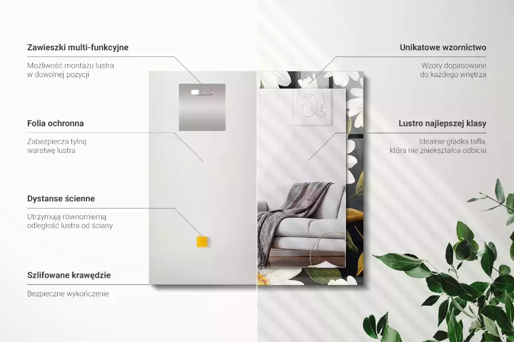 Miroir rectangulaire à cadre imprimé marguerites blanches avec feuilles