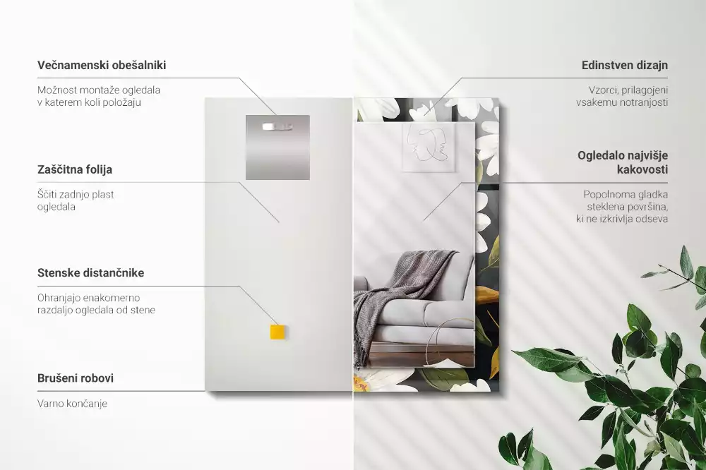 Miroir rectangulaire à cadre imprimé marguerites blanches avec feuilles