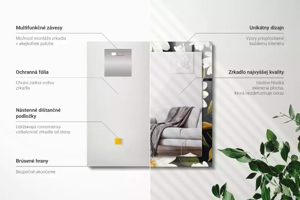 Miroir rectangulaire à cadre imprimé marguerites blanches avec feuilles