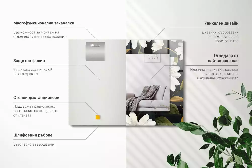 Miroir rectangulaire à cadre imprimé marguerites blanches avec feuilles