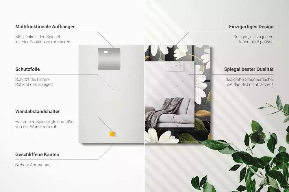 Miroir rectangulaire à cadre imprimé marguerites blanches avec feuilles