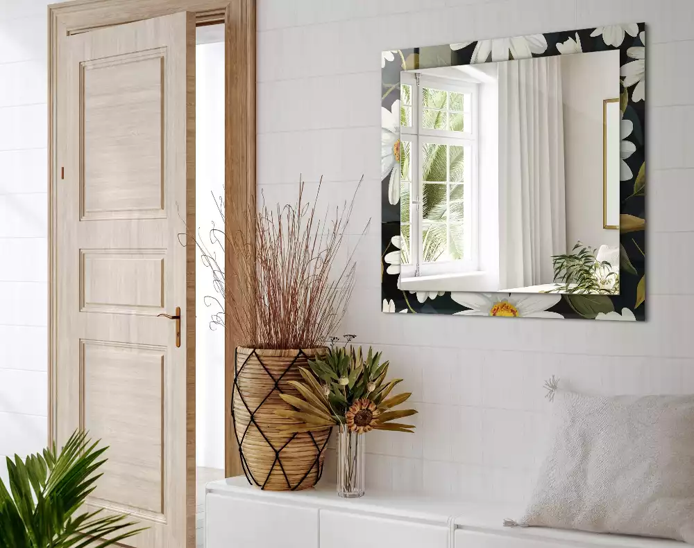 Miroir rectangulaire à cadre imprimé marguerites blanches avec feuilles