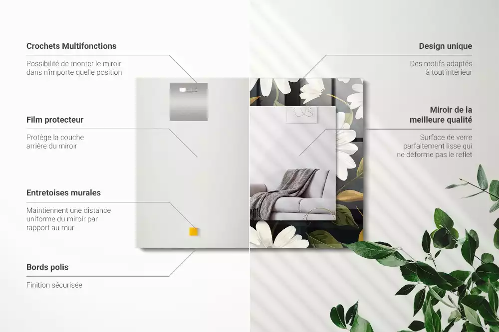Miroir rectangulaire à cadre imprimé marguerites blanches avec feuilles