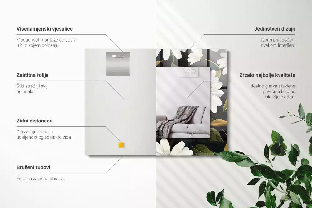 Miroir rectangulaire à cadre imprimé marguerites blanches avec feuilles