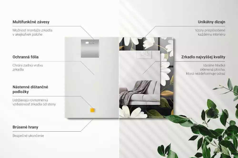Miroir rectangulaire à cadre imprimé marguerites blanches avec feuilles
