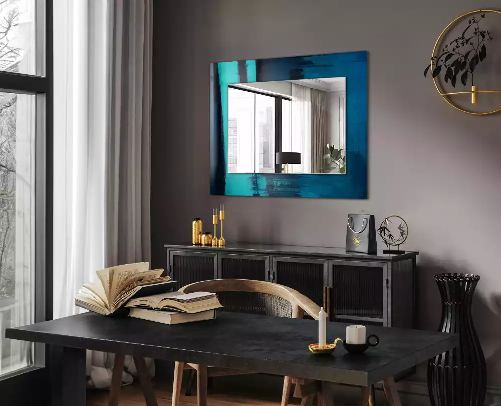 Miroir rectangulaire à cadre imprimé art abstrait bleu clair