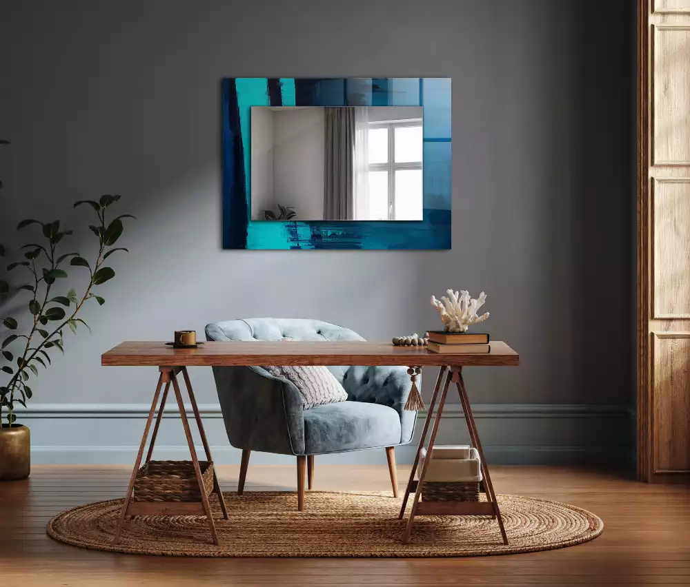 Miroir rectangulaire à cadre imprimé art abstrait bleu clair