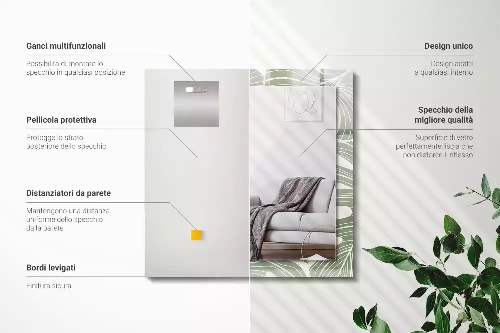 Miroir rectangulaire imprimé feuilles de monstera