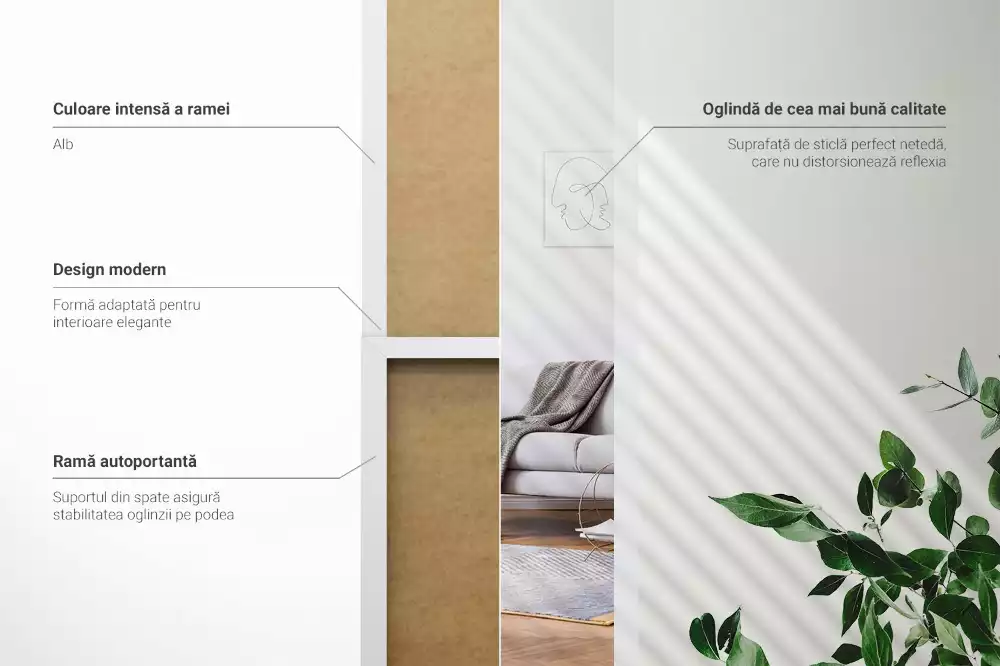 Miroir sur pied avec cadre blanc minimaliste
