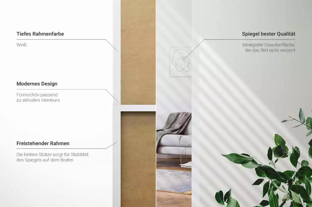Miroir sur pied avec cadre blanc minimaliste