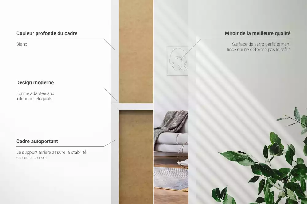 Miroir sur pied avec cadre blanc minimaliste