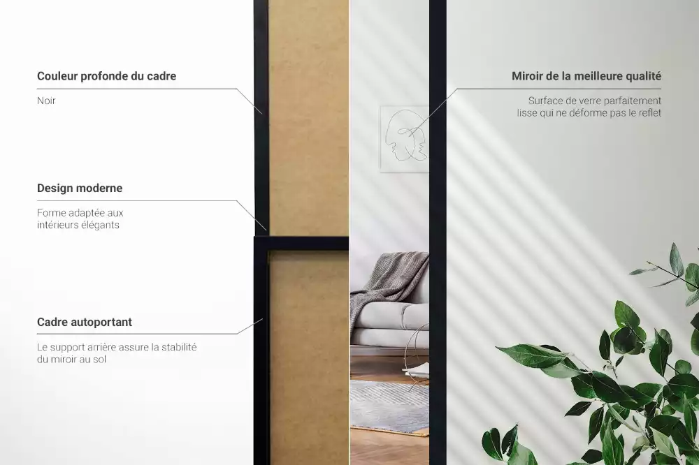 Grand miroir sur pied avec cadre noir élégant