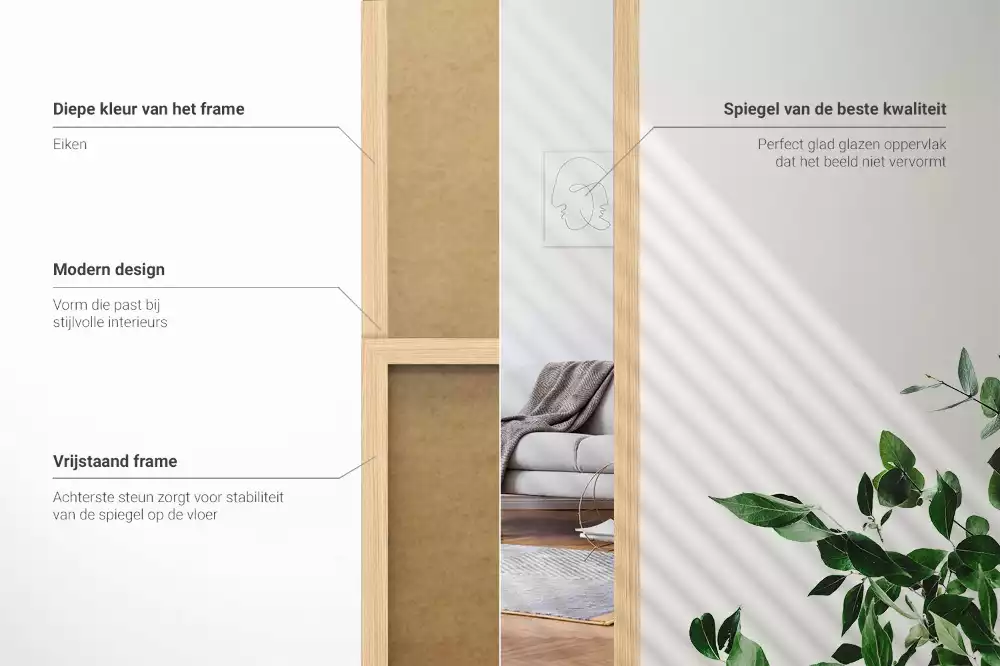 Miroir sur pied pour chambre avec cadre en chêne moderne