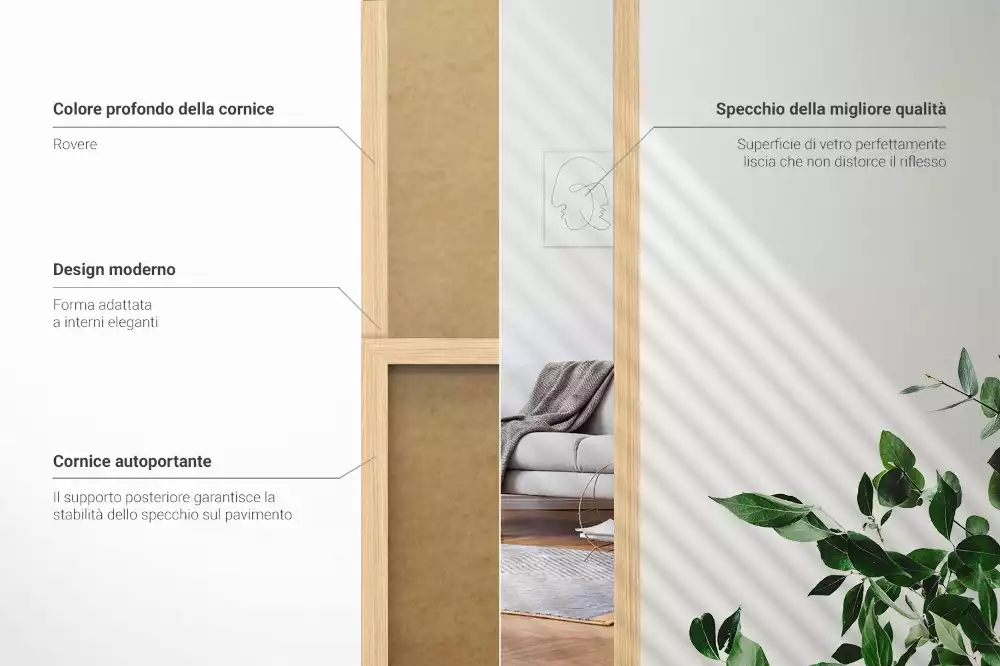 Miroir sur pied pour chambre avec cadre en chêne moderne