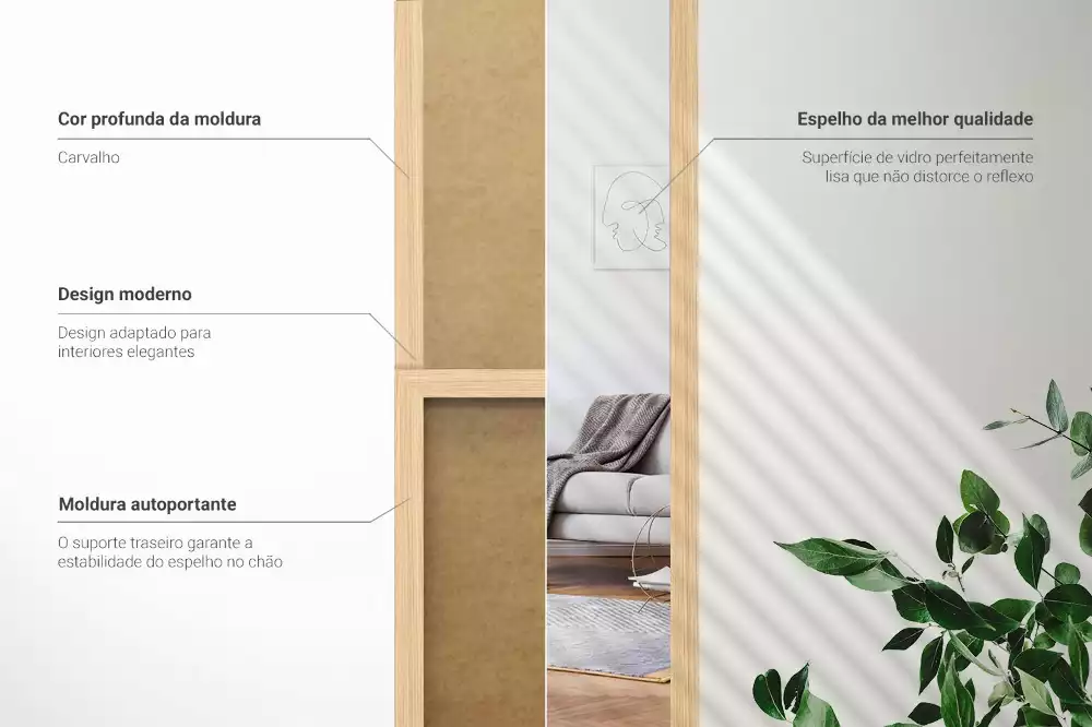 Miroir sur pied pour chambre avec cadre en chêne moderne