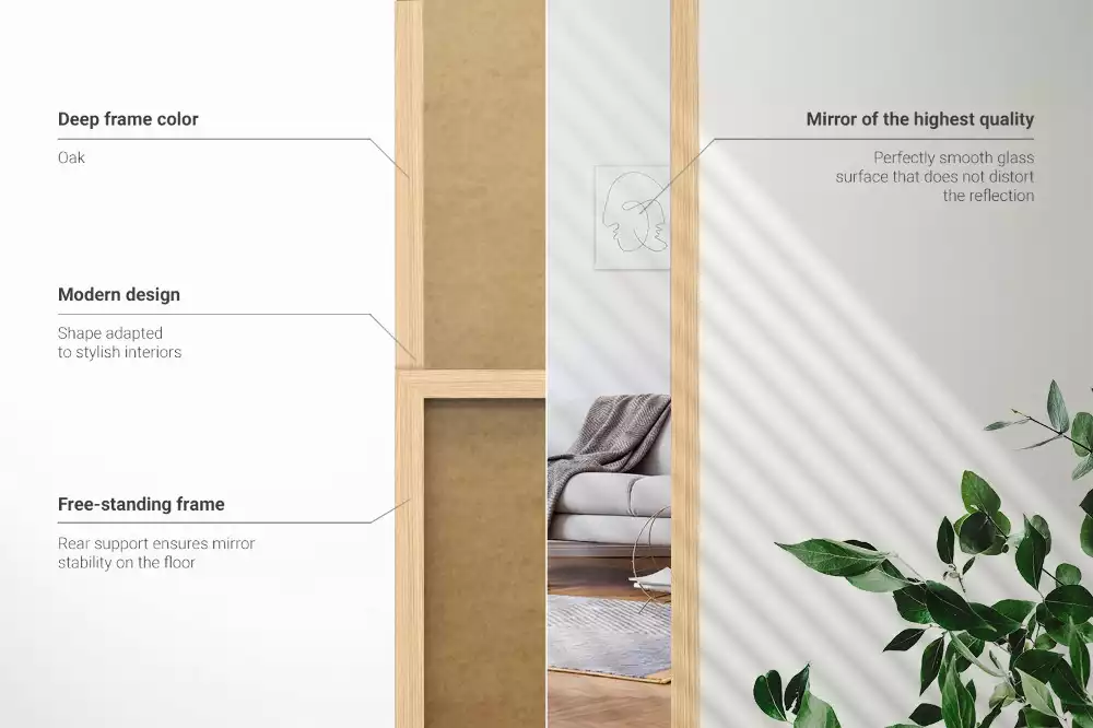 Miroir sur pied pour chambre avec cadre en chêne moderne
