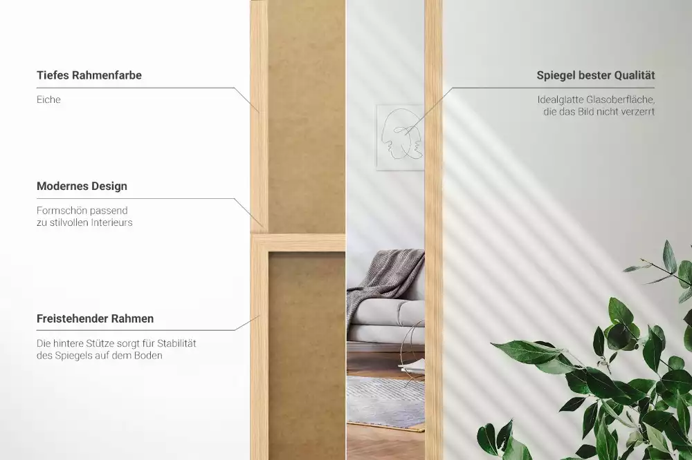 Miroir sur pied pour chambre avec cadre en chêne moderne