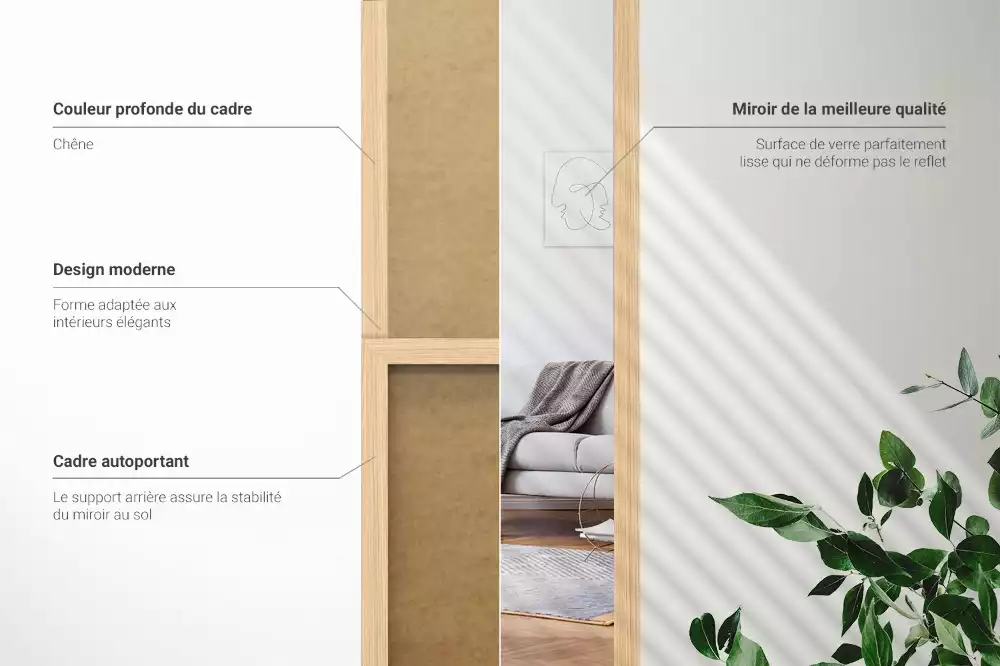 Miroir sur pied pour chambre avec cadre en chêne moderne