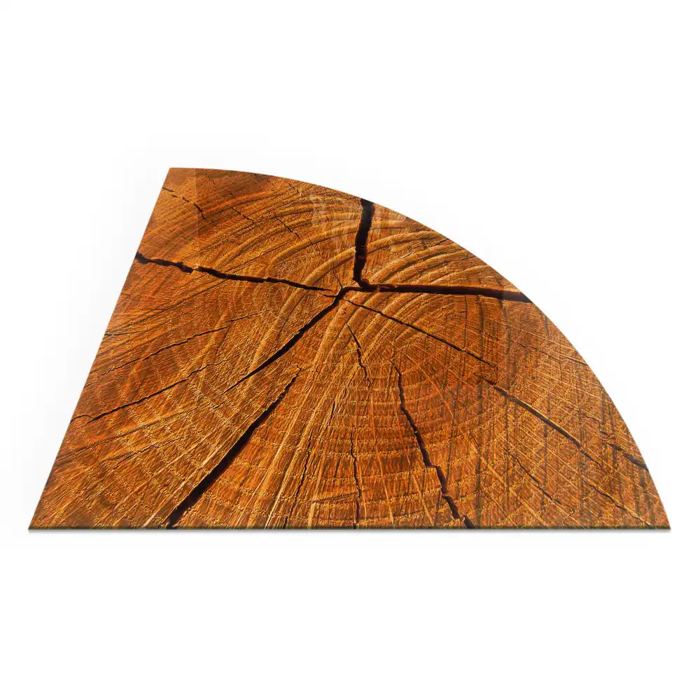 Plaque de sol pour poêle en verre quart de cercle motif bois en coupe