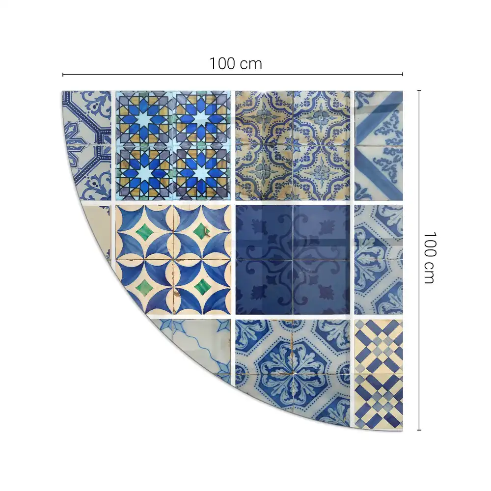 Plaque de sol pour poêle à bois quart de cercle avec motifs de carreaux en verre pour cheminée d'angle