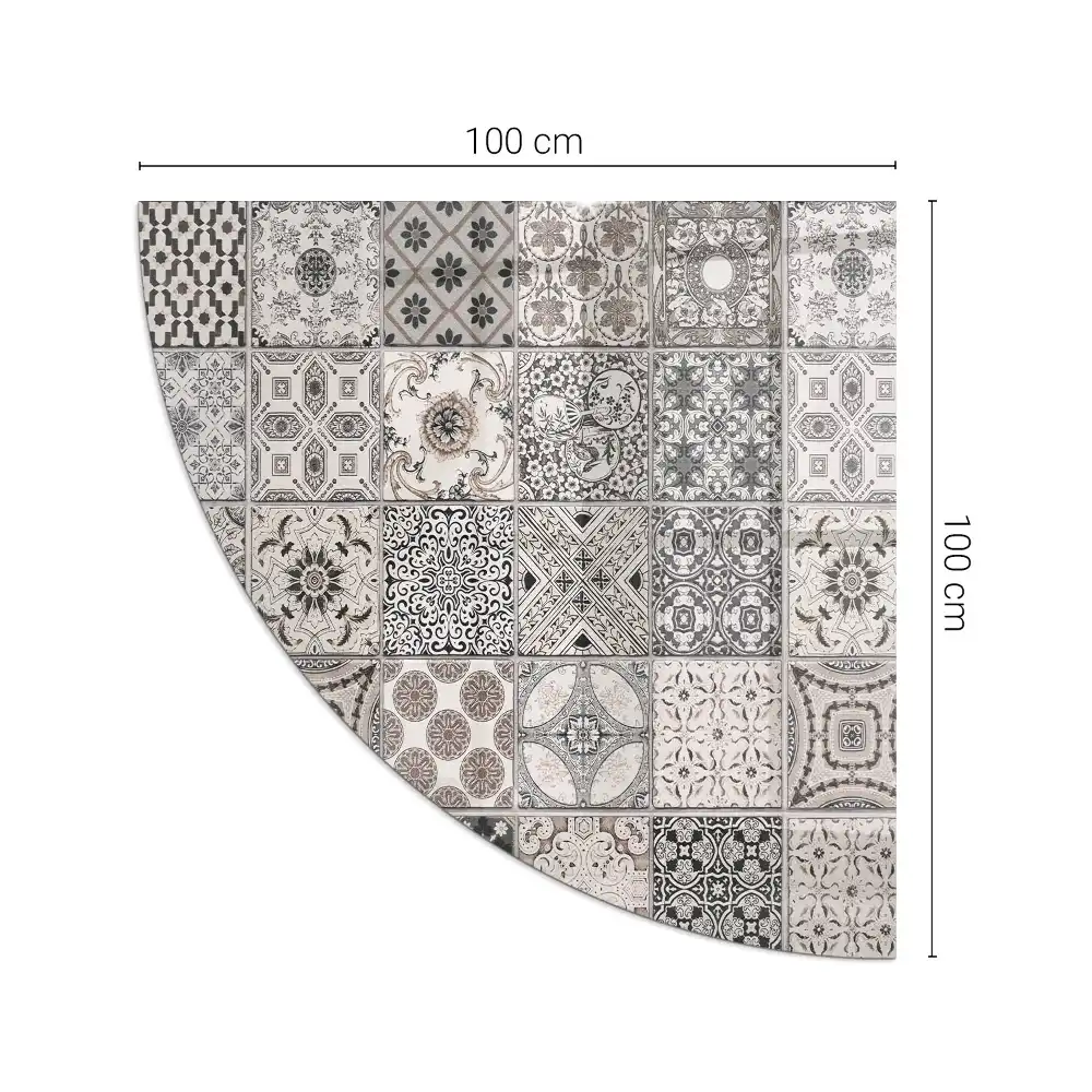 Plaque de protection en verre quart de cercle pour poêle à bois avec motifs décoratifs aspect carreaux