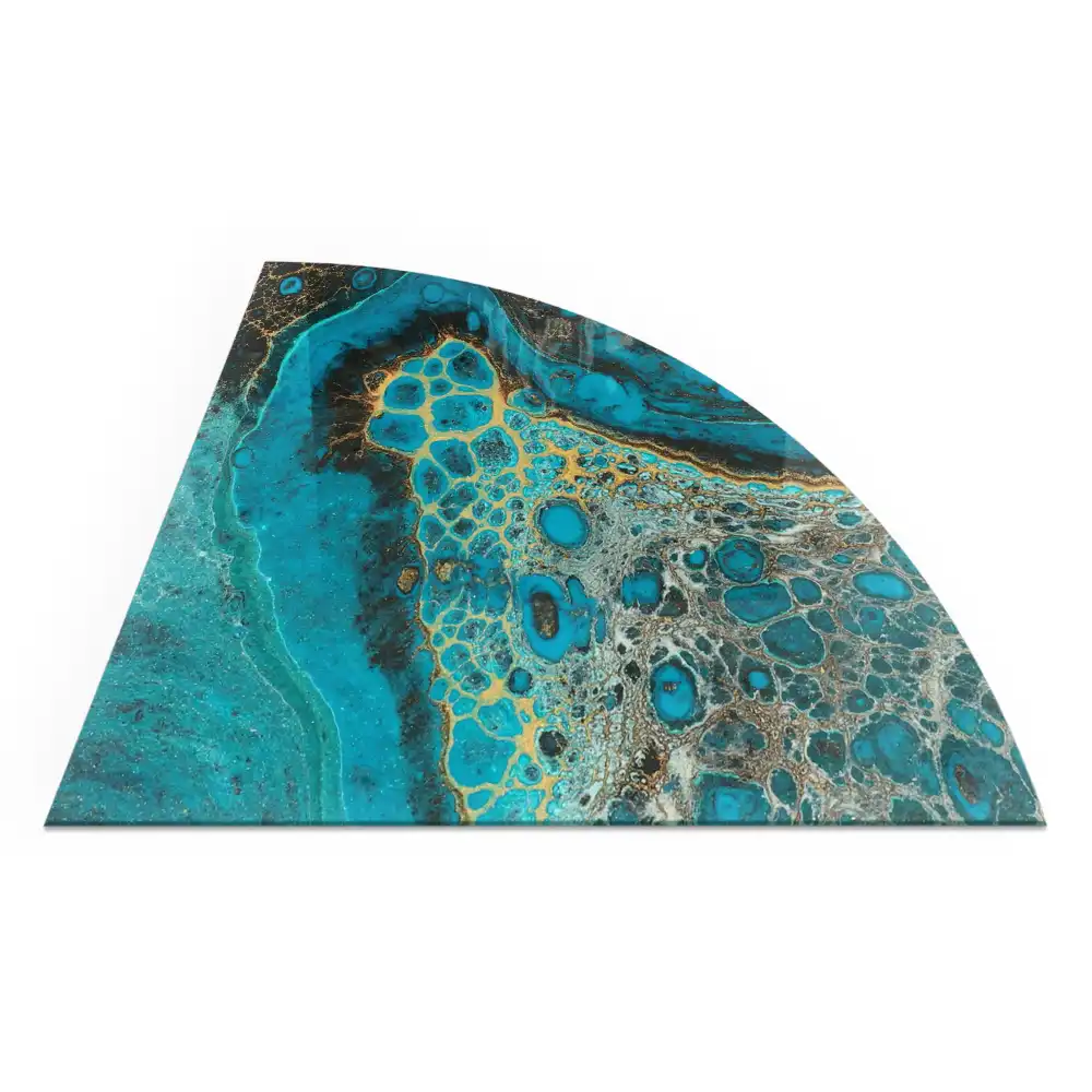 Plaque de protection en verre pour cheminée quart de cercle motif organique abstrait