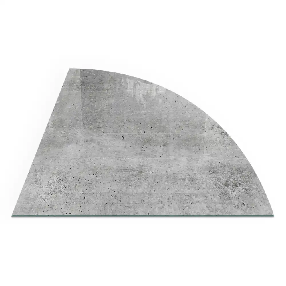 Plaque de sol pour poêle en forme de quart de cercle avec texture béton brut