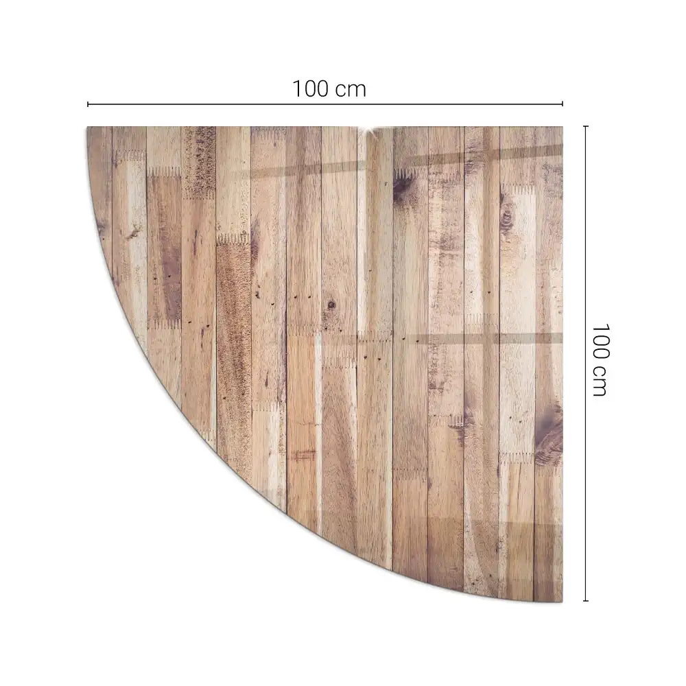 Plaque de protection en verre quart de cercle pour cheminée avec embase en bois