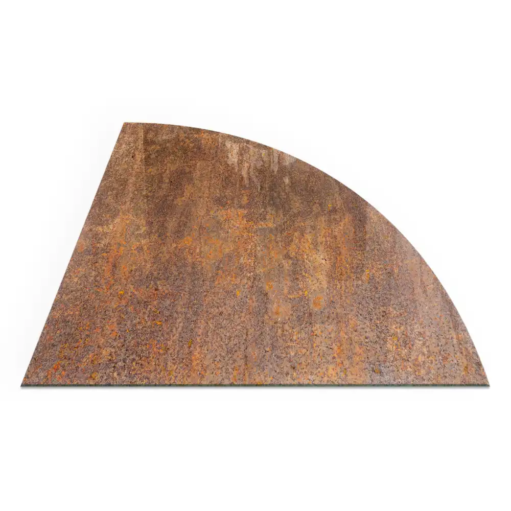 Plaque de sol quart de cercle pour poêle à bois en métal aspect rouillé