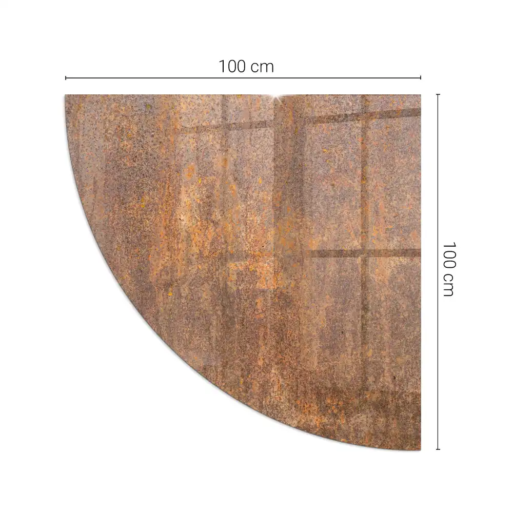 Plaque de sol quart de cercle pour poêle à bois en métal aspect rouillé