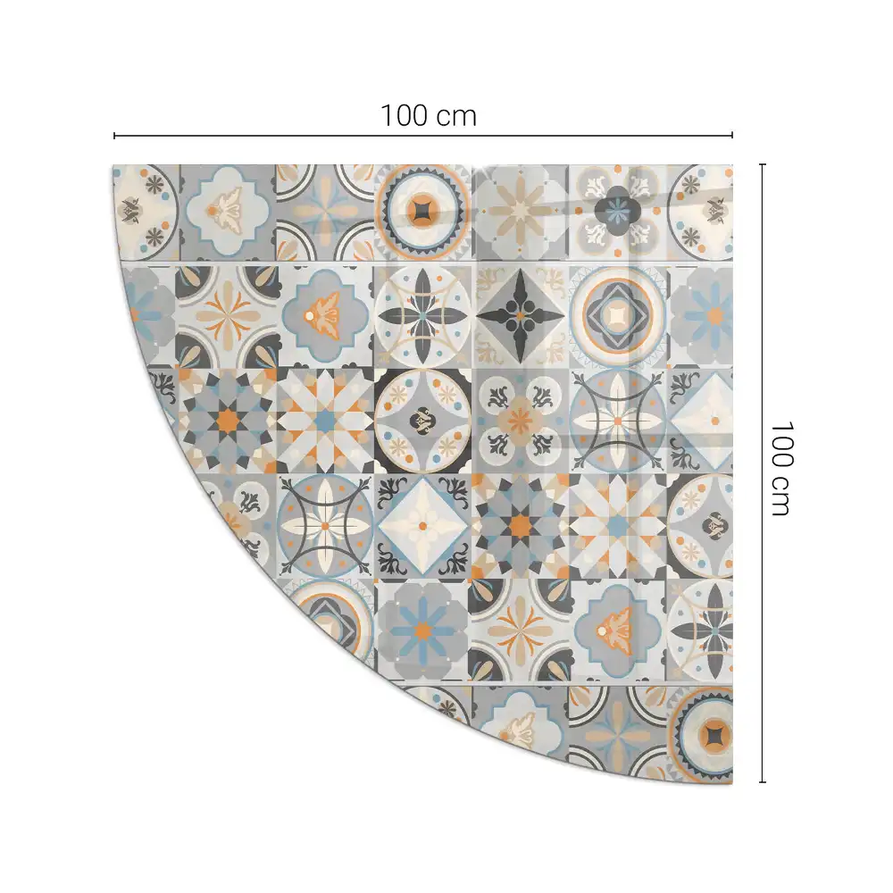 Plaque de protection en verre quart de cercle pour cheminée avec motifs mosaïque