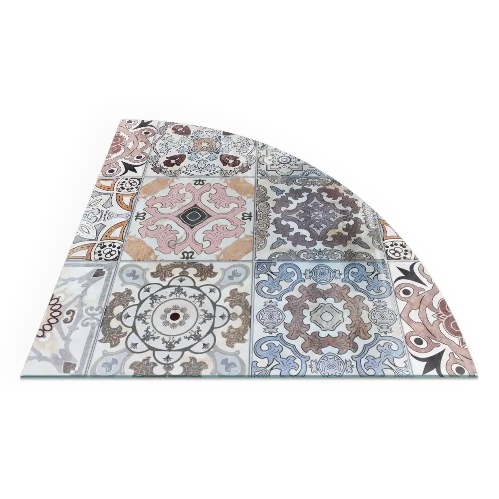 Plaque de sol en verre pour poêle forme quart de cercle avec motifs mosaïque