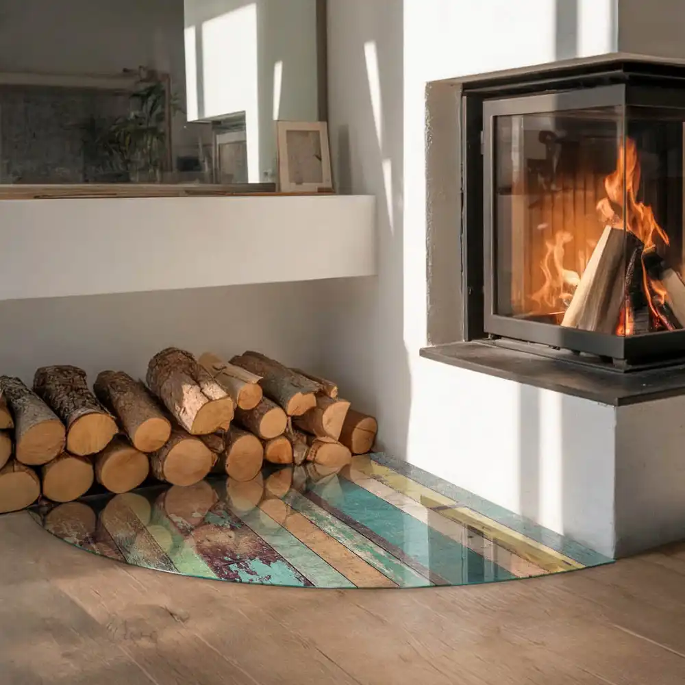 Plaque de sol quart de cercle pour poêle à bois disponible en plusieurs coloris