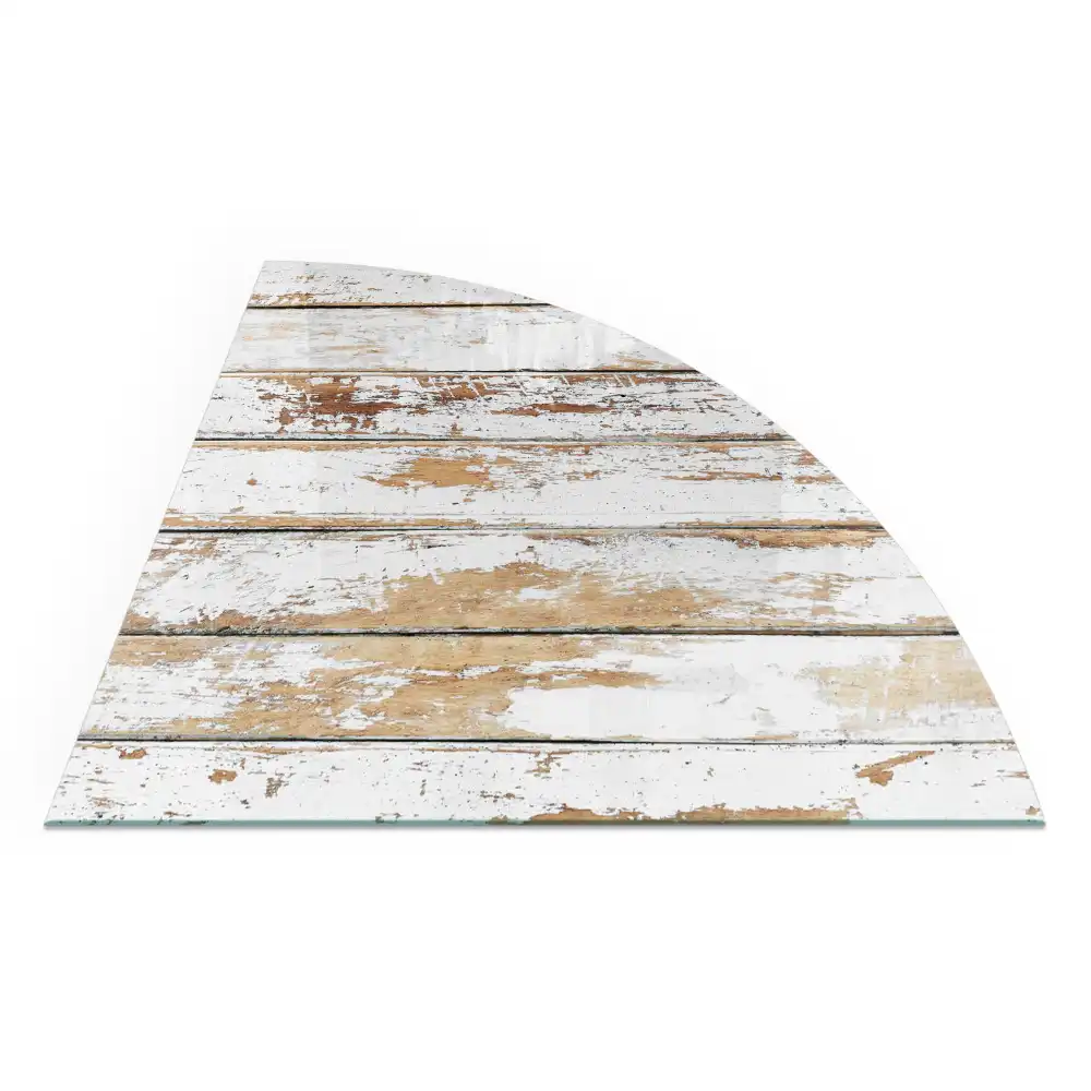 Plaque de protection en verre pour cheminée quart de cercle avec planche de bois endommagée