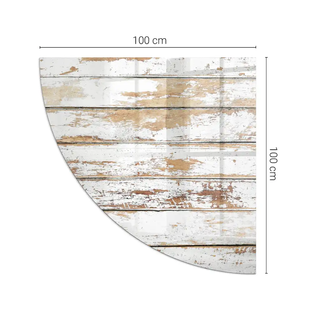 Plaque de protection en verre pour cheminée quart de cercle avec planche de bois endommagée