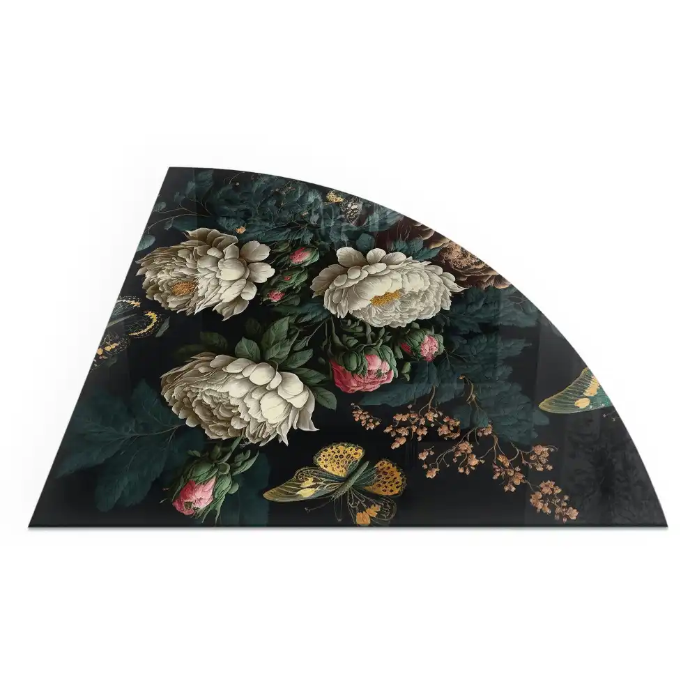 Plaque de protection de sol pour poêle à bois quart de cercle avec motif floral et papillons pour cheminée d'angle