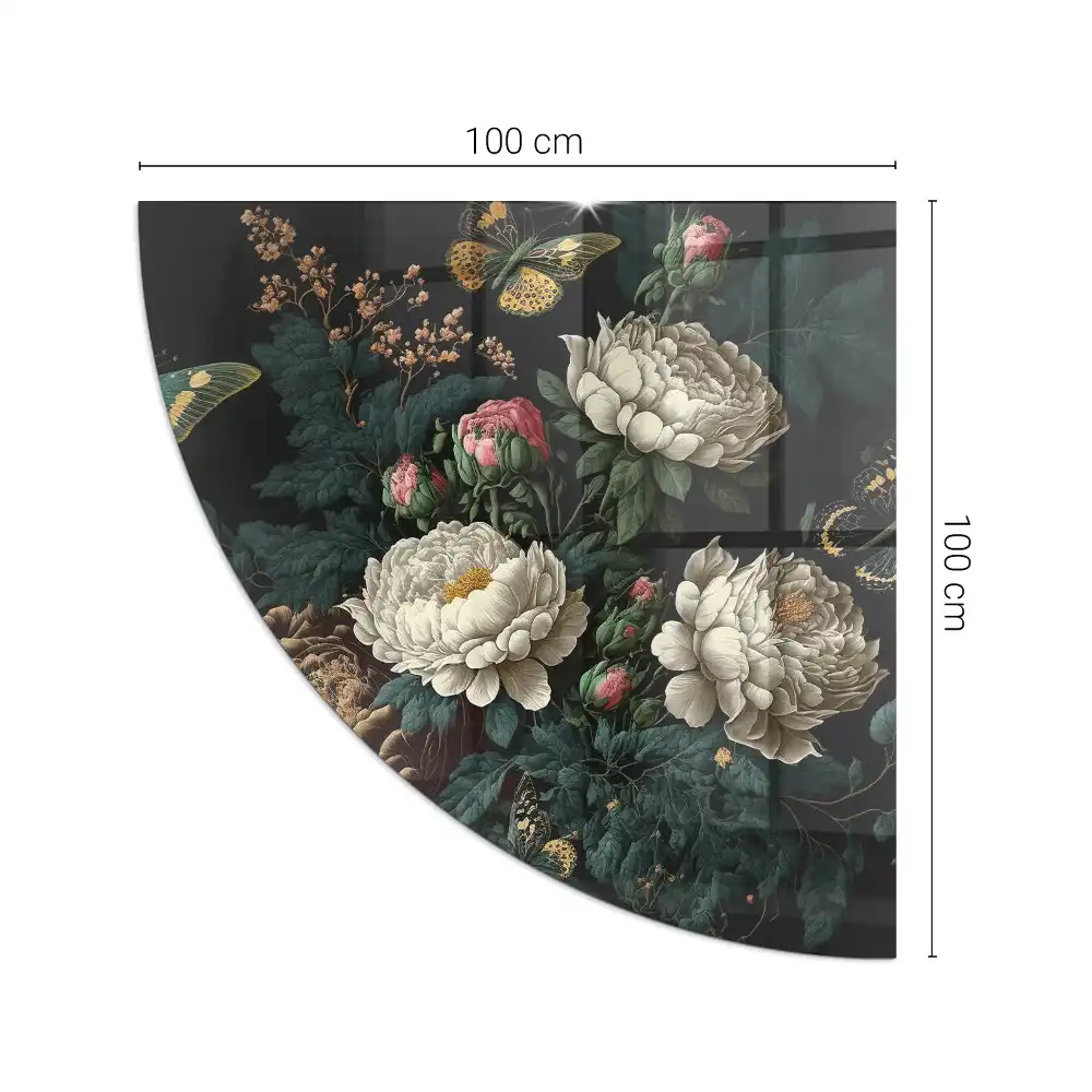 Plaque de protection de sol pour poêle à bois quart de cercle avec motif floral et papillons pour cheminée d'angle