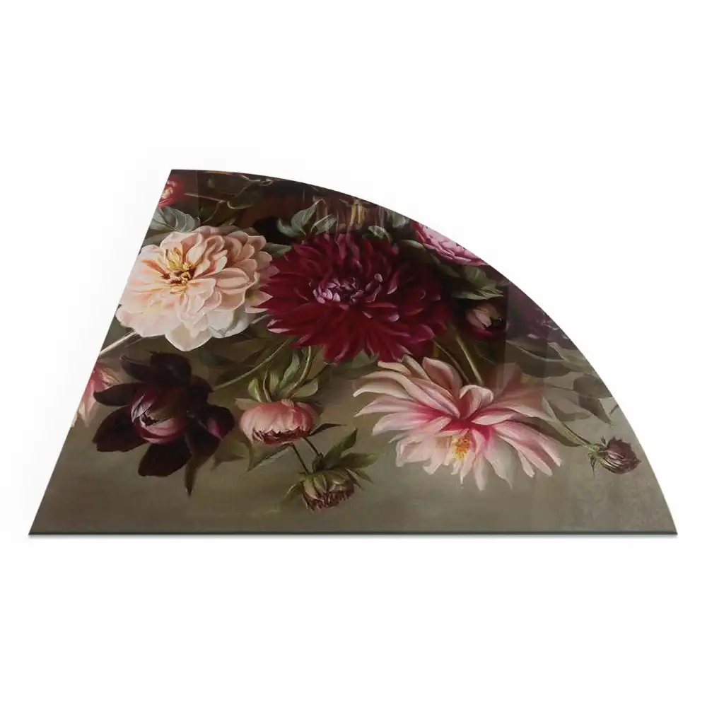 Plaque de sol quart de cercle pour poêle à bois d'angle avec motif bouquet de fleurs