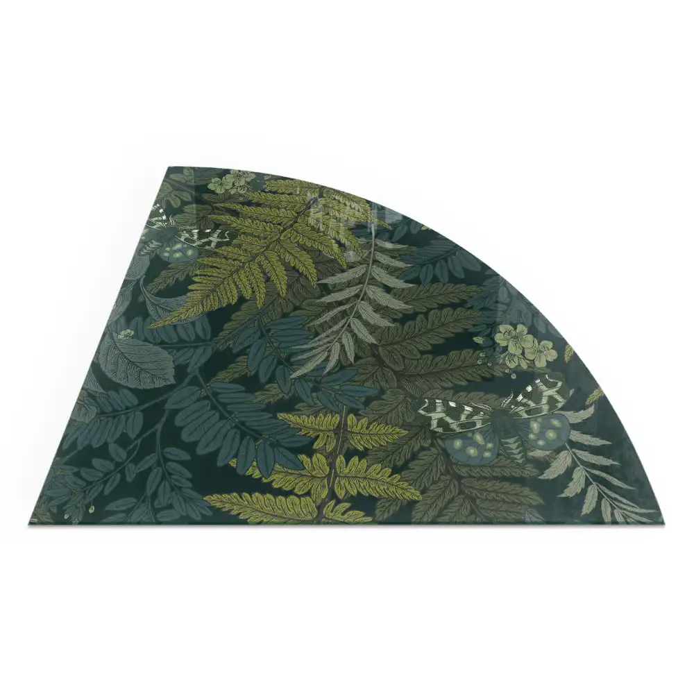 Plaque de protection en verre quart de cercle pour poêle à bois avec motifs végétaux et papillons