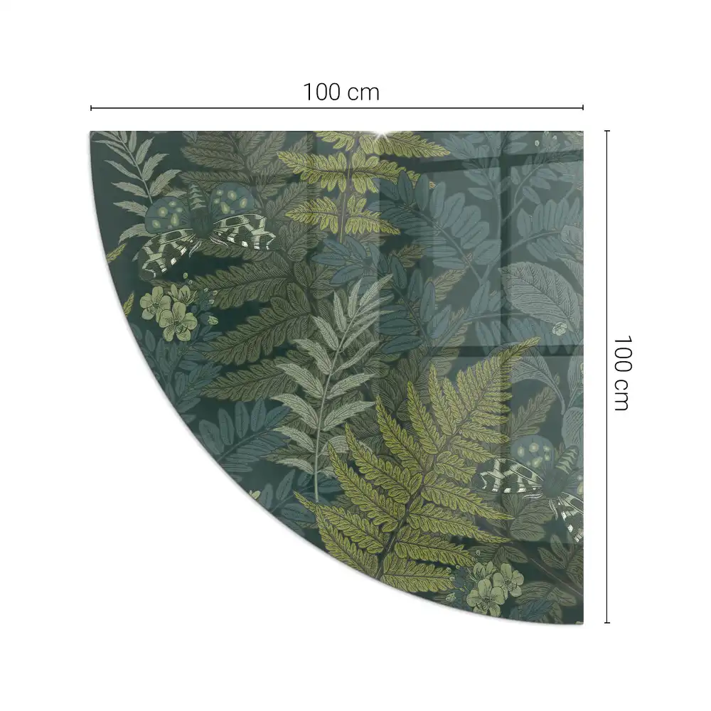 Plaque de protection en verre quart de cercle pour poêle à bois avec motifs végétaux et papillons