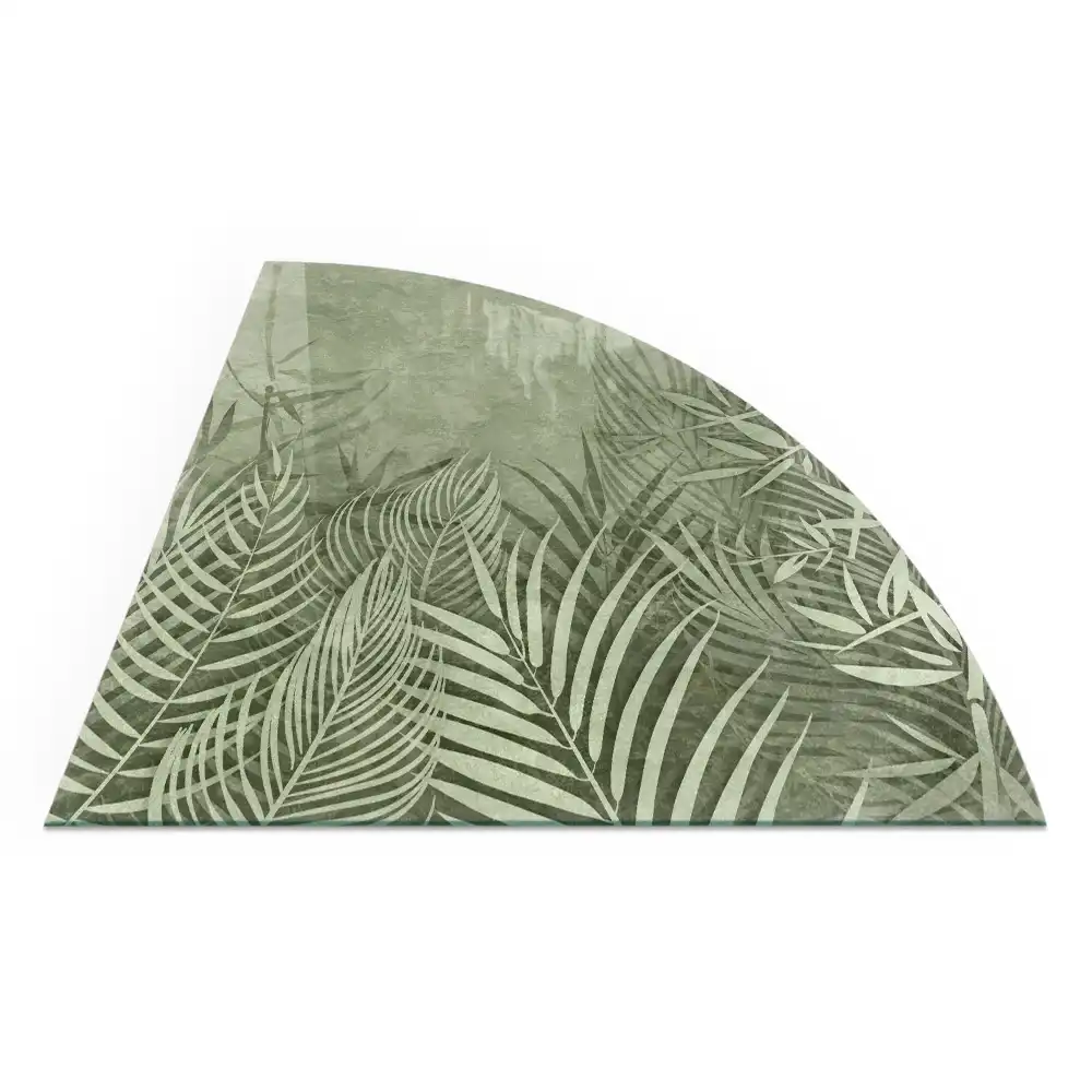 Plaque de sol en verre pour poêle forme quart de cercle avec motif feuilles tropicales