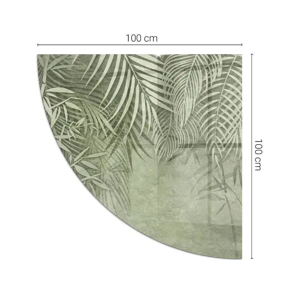 Plaque de sol en verre pour poêle forme quart de cercle avec motif feuilles tropicales