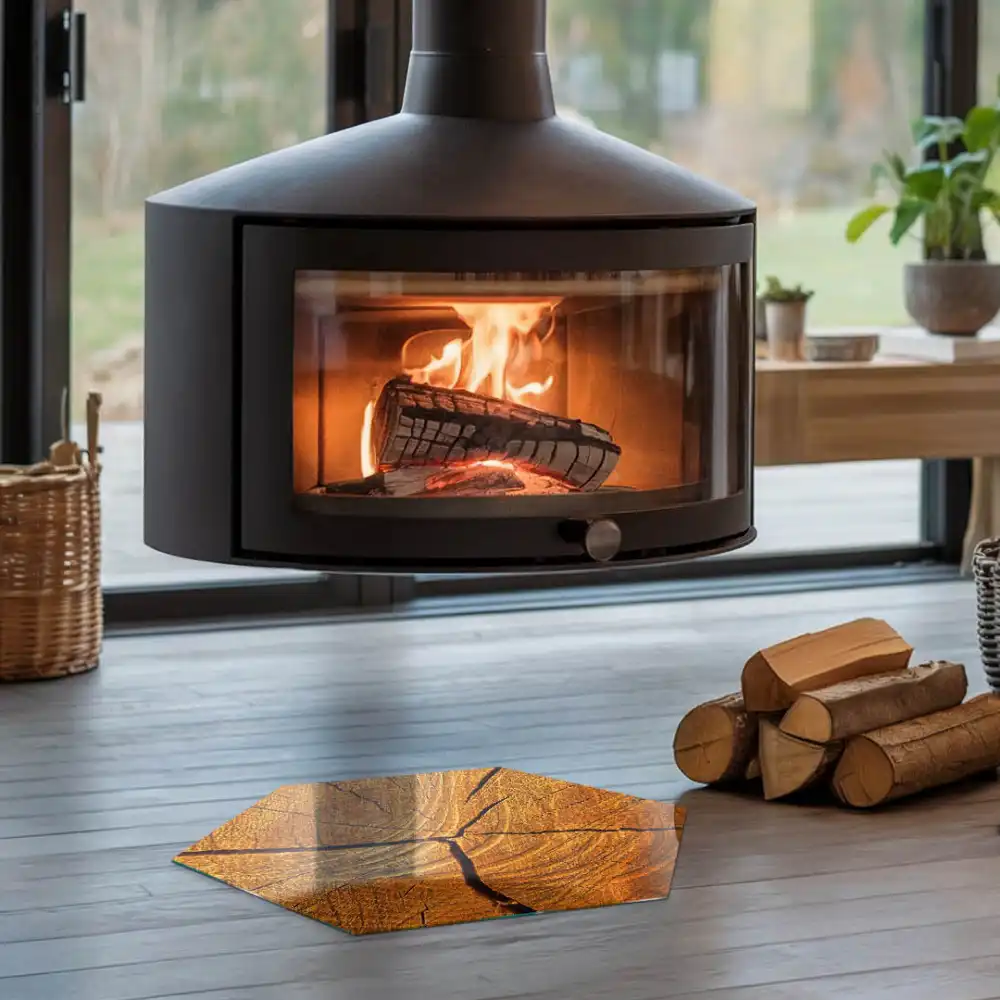 Plaque de protection pour cheminée hexagonale motif bois en coupe transversale